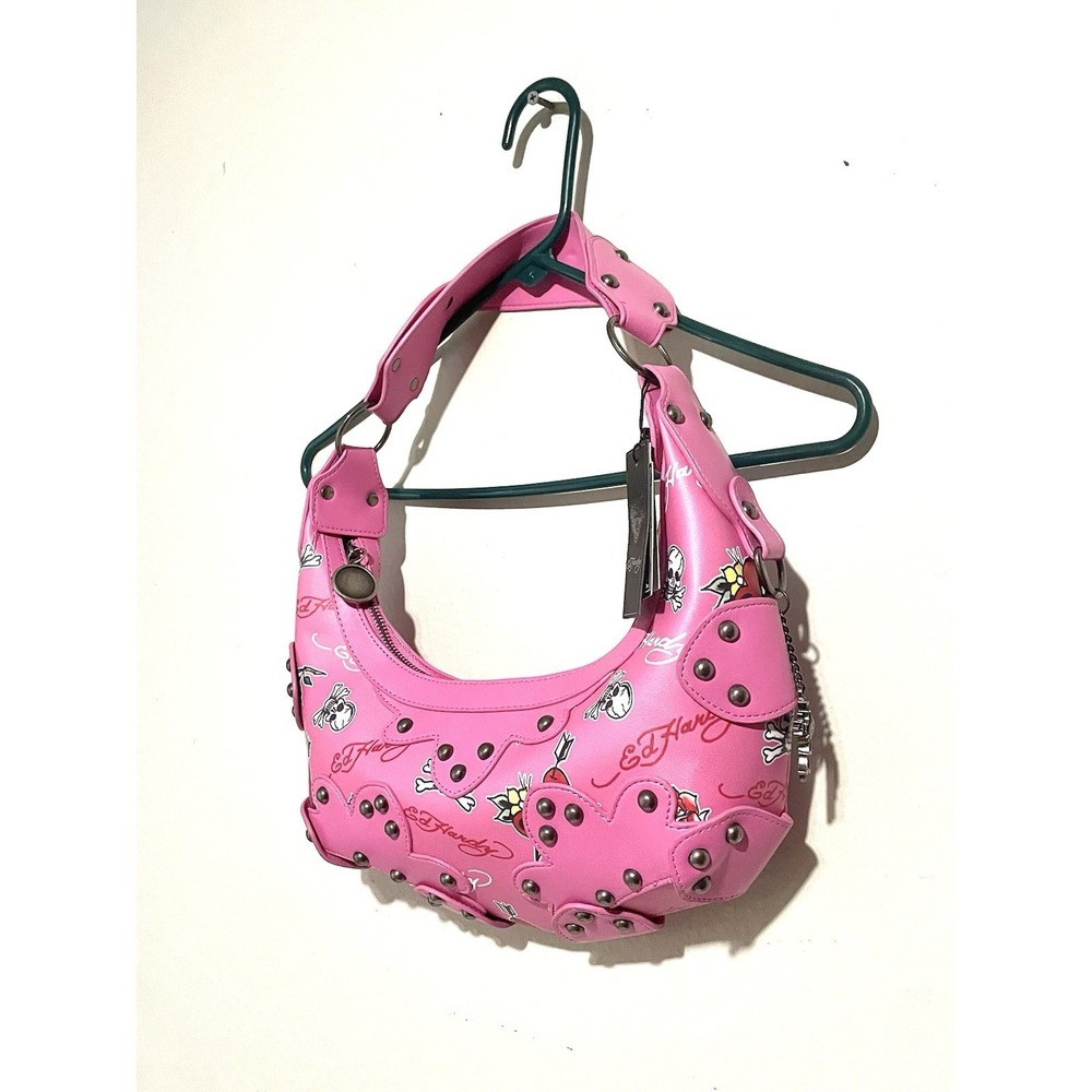 Ed Hardy Pink Hobo Shoulder Bag Studded Heart Rose Skull Cross Charms NEW - Picture 2 of 8